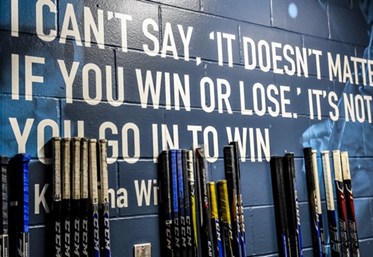 BUFFALO, NEW YORK - JANUARY 2: A quote by Katarina Witt on the wall inside Team Sweden's locker room provides inspiration to the players prior to their game against Slovakia during the quarterfinal round of the 2018 IIHF World Junior Championship. (Photo by Andrea Cardin/HHOF-IIHF Images)

